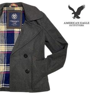 AMERICAN EAGLE Grey Wool Peacoat Flannel Lined Jacket | S